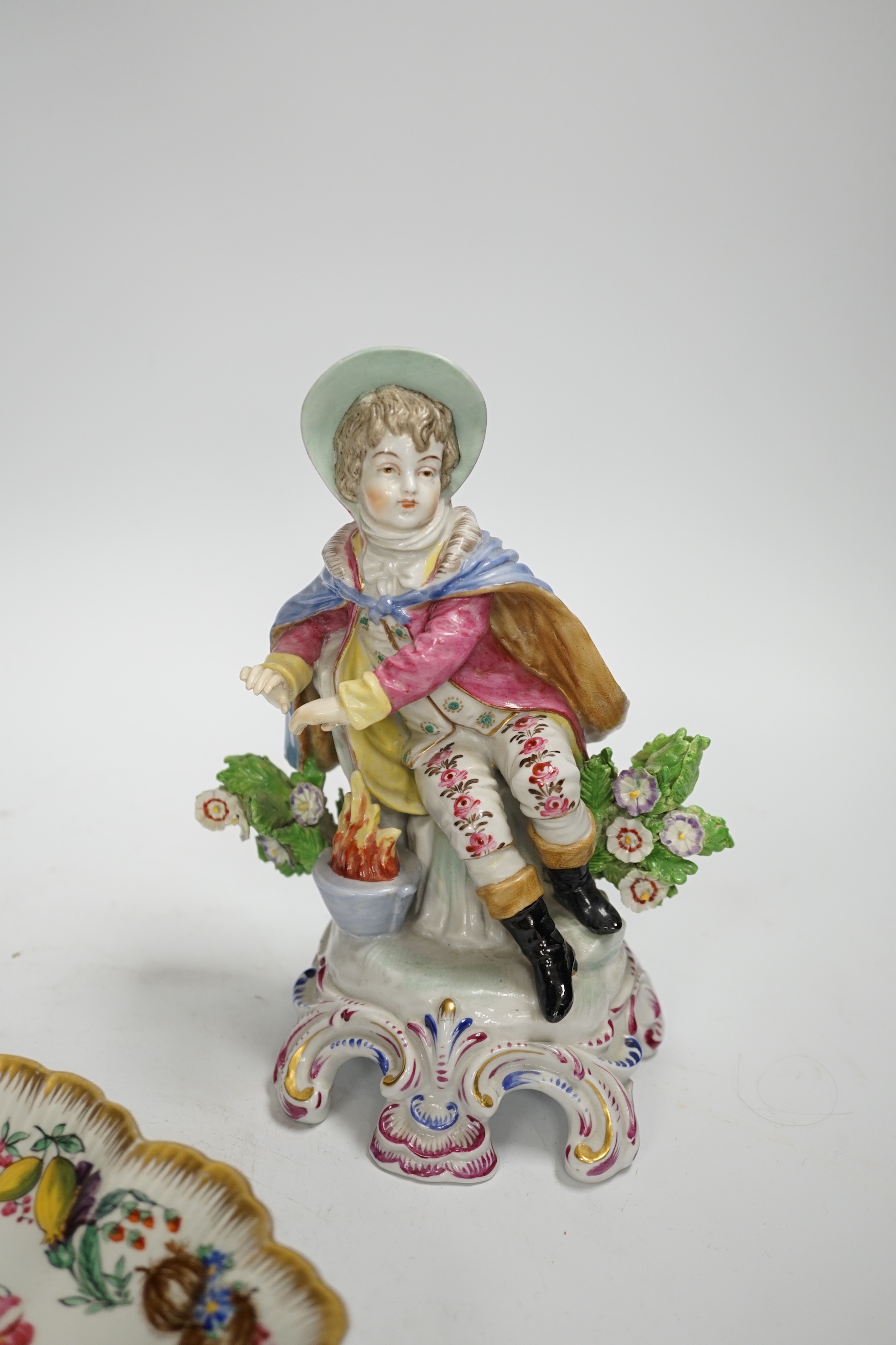 A Continental flower and insect painted dish and a Samson Chelsea style figure, 18cm